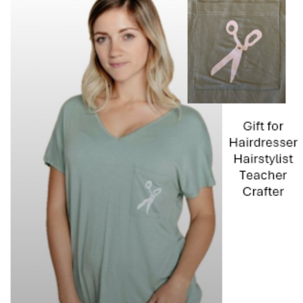 Amelia James New Size L Blouse Top Mint Green Scissors Graphic Hairstylist Teach